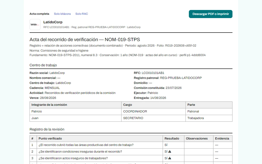 Acta del recorrido de verificación NOM-019 en la computadora, con folio, comisión y registro de la revisión