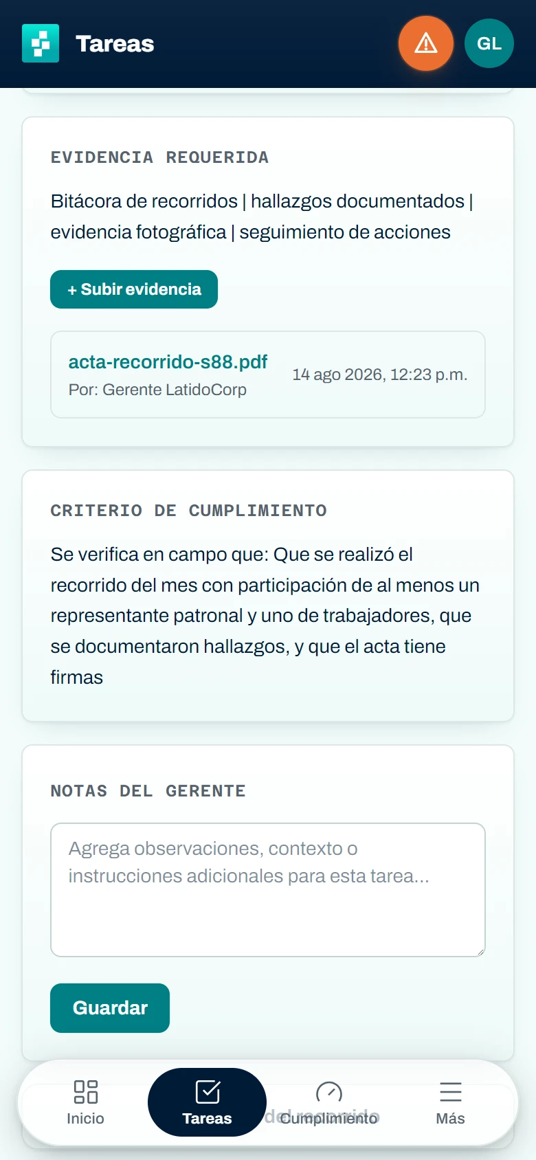 Detalle de una tarea en el teléfono: evidencia requerida y el acta del recorrido subida como PDF