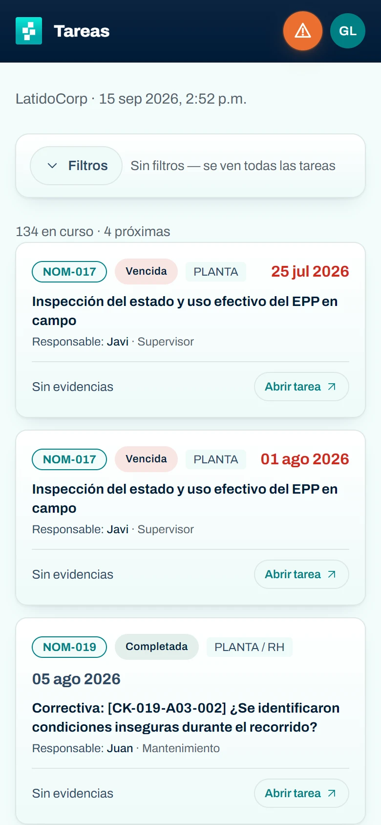 Lista de tareas de NomTrack en el teléfono: inspecciones de EPP con su norma, fecha y responsable