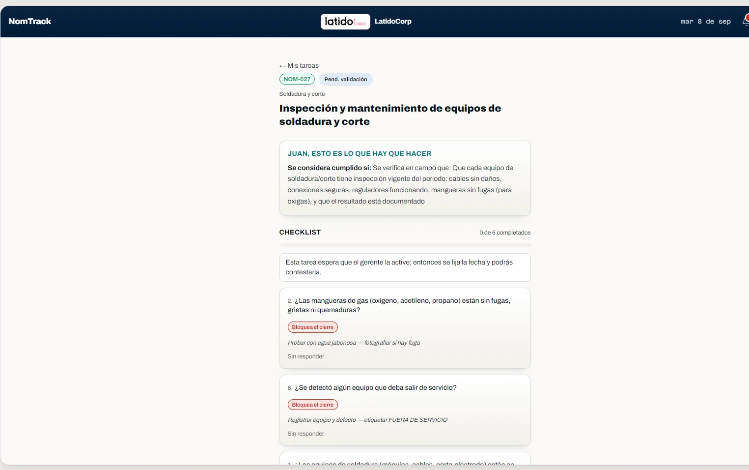 Checklist del recorrido de inspección de equipos de soldadura y corte, con las preguntas que bloquean el cierre
